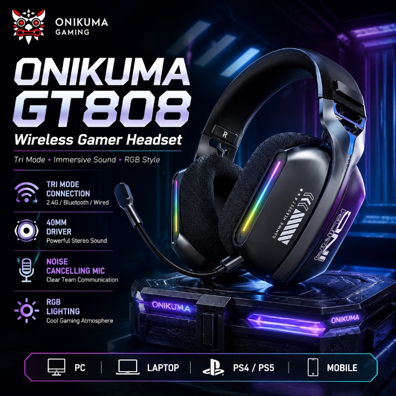 Esports Wireless Gaming Headset - ONIKUMA GT808 Headset Gaming Nirkabel Tri